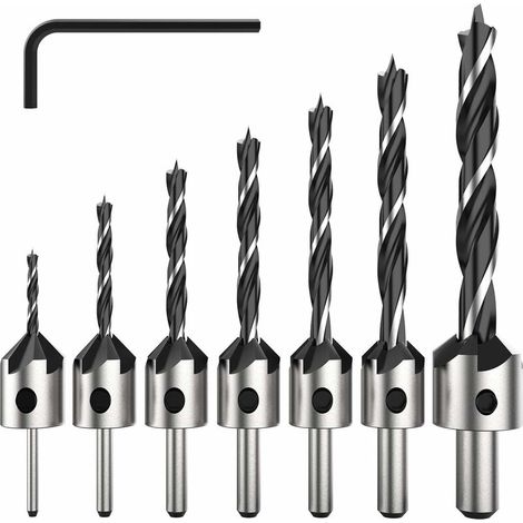 Set di punte per svasatore a 5 scanalature HSS da 7 pezzi, punta per smusso per viti per legno, per viti di varia lunghezza, allentando e stringendo semplicemente la vite, set di strumenti da 3-6 mm (1/5)