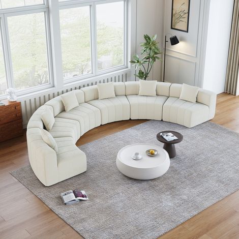 Canapé modulable courbé en tissu beige, design demi-rond inspiré des touches de piano, avec 2 coussins et composition personnalisable pour salon ou chambre – CHICFURN (1/5)