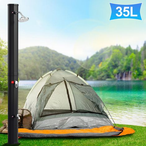 Wolketon Solardusche 35 Liter mit Standsäule in Schwarz – inkl. Abdeckhaube & Drain Stop (Gartendusche, Pooldusche, Camping)