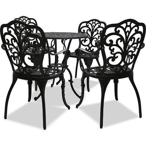 Homeology BANGUI Luxurious Garden & Patio Table & 4 Large Chairs with Armrests Cast Aluminium Bistro Set - Black (1/5)