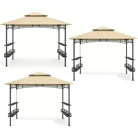 3er-Set  grillpavillon 240 x 150 x 257 cm wasserdicht flammhemmend Gartenpavillon mit Doppeldach, Seitenregalen, Gartenlauben mit UV-Schutz, BBQ Pavillon aus Stahl, Grillzelt für Party BBQ, Beige