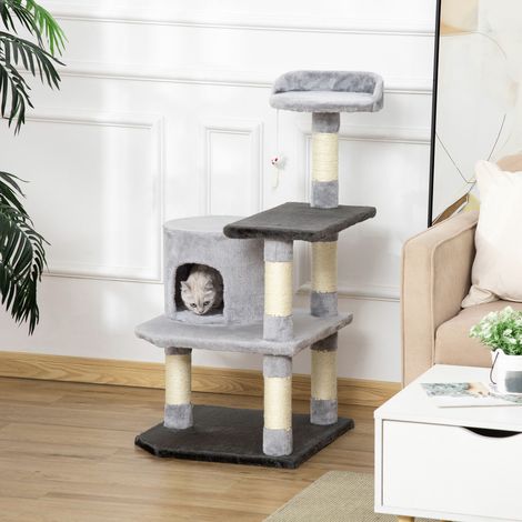 Torre para Gatos con Plataformas Casetas Ratón de Juego Postes para Rascar y Cubierto de Felpa 48x48x100 cm Gris (1/5)
