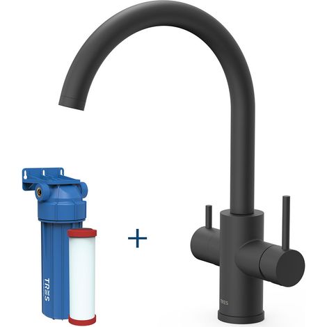 TRES 23045402NM COCINA Grifo Monomando Fregadero 2 Vías para Agua de Red y Filtrada Color Negro Mate - ref: 23045402NM