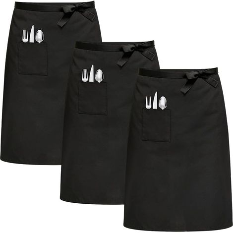 Tablier à sangle 3 pièces, tablier de service 70 x 70 cm, tablier de cuisine, traiteur, noir, tablier de barbecue avec poches, pour hommes et femmes, tablier de cuisine (1/5)