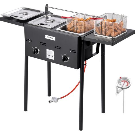 VEVOR Propan-Fritteuse Outdoor gewerbliche Fritteuse mit 2 Tanks (9 L x 2), Edelstahl-Kocher mit faltbarer Plattform & Doppelkorb & Wärmeregulierung, Standfritteusen für Restaurants Snackbars
