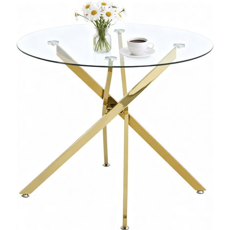 CHICFURN Tavolo da pranzo rotondo 80 x 80 x 76 cm in vetro temperato dorato per 2-4 persone (1/5)