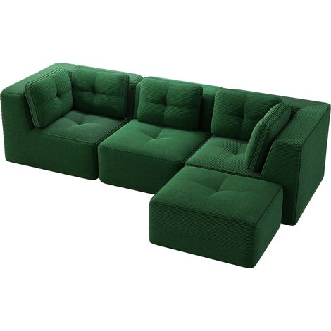 Canapé d'angle modulable en velours côtelé vert avec ottomane, 3 places, sans montage (1/5)