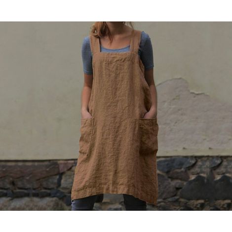 Damen-Schürze aus Baumwolle und Leinen mit Taschen in Übergröße - Braun - XXL (1/3)