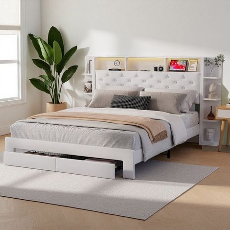 Letto 140x200 cm - 250210HXF - USB - LED - Contemporaneo - Velluto - struttura letto matrimoniale 140x200 cm - bianco