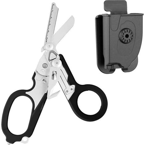 Ciseaux de secours pliables 6-en-1 avec étui, coupe-ceinture et casse-vitre, acier inoxydable, pour usage professionnel ou quotidien (1/5)