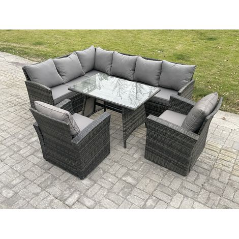 Fimous Wicker Rattan Garden Furniture Corner Sofa Set with Oblong Dining Table 2 Armchairs 8 Seater Outdoor Rattan Set Dark Grey Mixed