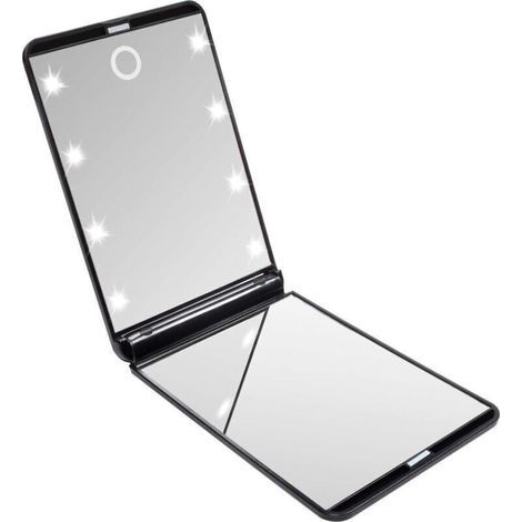 Specchietto tascabile pieghevole, specchio per il trucco illuminato, specchio portatile, ingrandimento 1x/2x, per rasatura, campeggio e trucco (nero) (1/4)