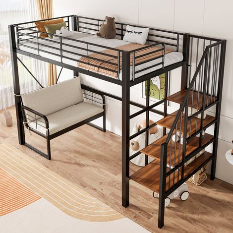 Letto a castello 90x200 cm nero, struttura in metallo e MDF con scala contenitore (1/5)