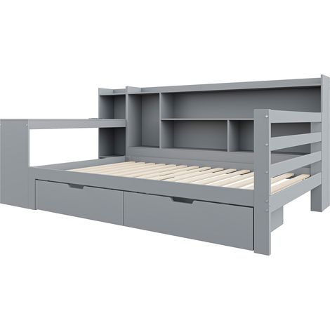 Canapé-lit en bois massif, 90200 cm, avec bureau, bibliothèque, compartiments et étagères de rangement, avec prise, avec 2 grands compartiments de rangement, lit en bois multifonctionnel, gris (1/5)