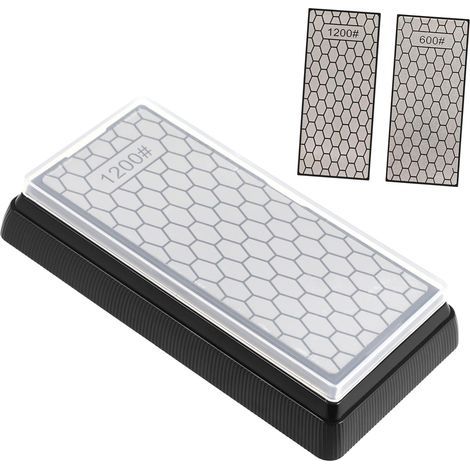 Doppelseitiger Diamant-Schärfstein (Körnung 600/1200, 185 x 92 x 40 mm), Messerschärfer aus Bienenwachs mit rutschfester Unterseite, Messer- und Scherenschärfwerkzeug für Küche und Garten (1/5)