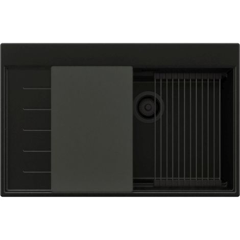PRIMAGRAN Evier Cuisine en Granit 78x50cm,Lavabo 1 bac + Kit de Vidage + Accessoires, Évier à Encastrer au meuble 60cm - Sydney, Tout Noir