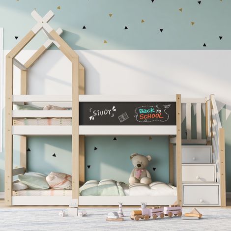 Lit superposé enfant 90×200 avec échelle de rangement et planche à dessin,lit cabane,cadre de lit enfant,naturel+blanc (1/5)