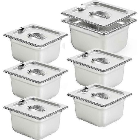Lot de 6 bacs à égoutter GN 1/6 de profondeur 4 po, anti-blocage, en acier inoxydable 18/8 pour usage professionnel en cuisine. (1/4)