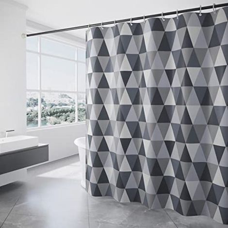Duschvorhang aus Polyester, 180 x 200 cm, waschbar, mit Ösen und 12 Duschringen, beschwertem Saum, schnelltrocknend, Dreiecksmuster (1/5)