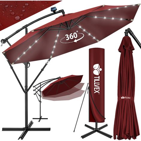 tillvex 300 cm Sombrilla Excentrico Beige con 32 Luces LED Solar Parasol para Terraza Jardín Balcón Patio con Manivela y Base en Cruz, Giratorio 360º, Protección UV (1/5)