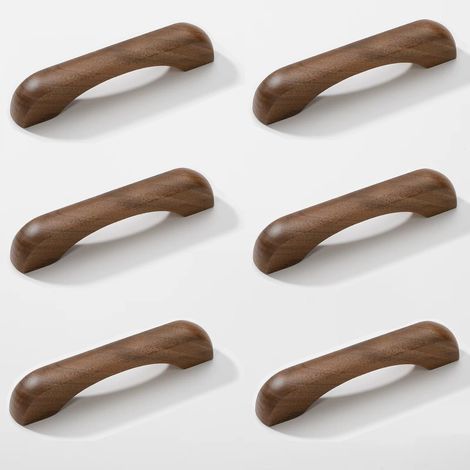 6 maniglie per mobili da cucina, maniglie in legno per cassetti con viti, maniglie ad arco per mobili da cucina, cassetti e altri accessori (6 pezzi, legno di noce, interasse fori: 96 mm) (1/5)