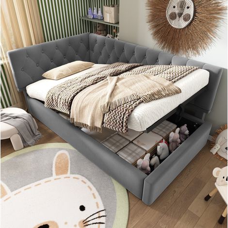 Letto a cassone 90x200 cm, letto bambini con rete a doghe in legno, rivestimento in velluto, grigio, senza materasso (1/5)