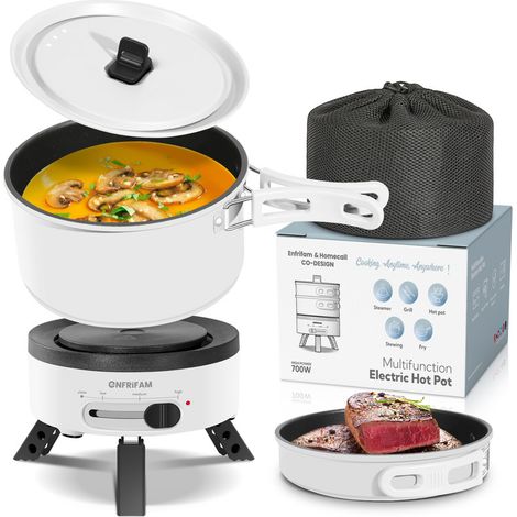 ENFRIFAM Elektrische Multipfanne Elektrische Hot Pot, Multikocher, Elektrische Pfannen, Campingkocher 700,00 W, Fondue Set, Ideal für Büro Wohnheime Hotels Reisen Wohnwagen-weiß(2 st pot)