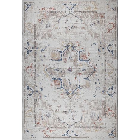 Tapis d'orient 240 x 340 cm, crème, beige et bleu, motif oriental, tissage kilim plat, finition soignée pour un usage quotidien (1/5)