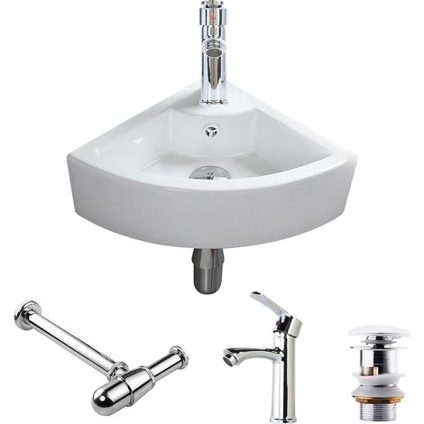 Wall Mounted Corner Basin with Tap Siphon Hand Made Ceramic Basin White Gloss Simple Design Easy to Install and Clean Bathroom Cloakroom Toilet (1/5)