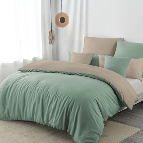 Parure de lit 3 pièces réversible en microfibre 200 x 200 cm - Vert pastel/beige chaud - 200 x 200 cm - Doux et infroissable - 1 housse de couette + 2 taies d'oreiller 80 x 80 cm (1/5)
