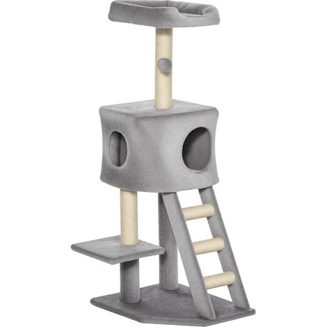 PawHut Kratzbaum 120 cm Katzenturm mit Höhle, Spielball, Sisalstämme, Plattform, Treppe, mehrstöckiger Katzenkratzbaum, Kletterbaum für Katzen, Hellgrau