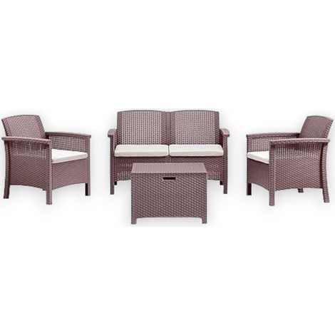 Salotto da giardino in resina effetto rattan divano da due posti con due poltrone e un tavolino - Marrone (1/5)
