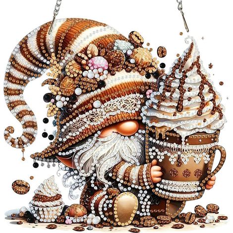 Diamantmalerei Fensterbild mit Kette, Gnom Kaffee Motiv, Anhänger Bastelset für Erwachsene (1/4)
