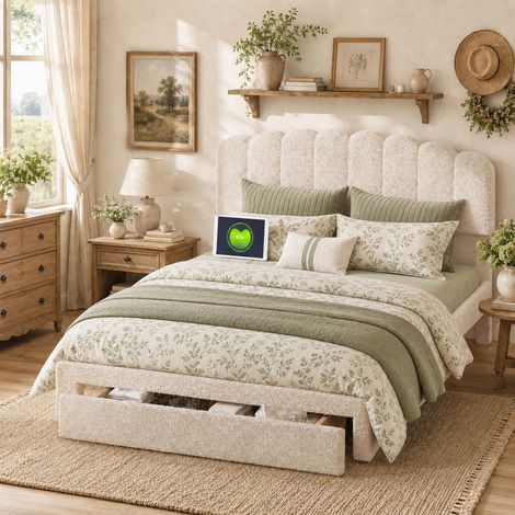 Lit 140x200 avec tiroir, lit double capitonné, lit ado, tête de lit réglable en hauteur, 2 ports USB + 1 port Type-c, sommier à lattes, velours teddy, beige, chambre studio (1/5)