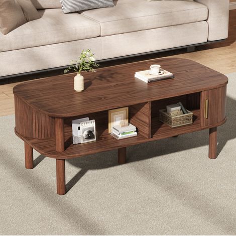 Mesa de centro escandinava de 110x55x45 cm con puerta corredera, mesa auxiliar para sofá, almacenamiento de 2 niveles, MDF color nogal (1/5)