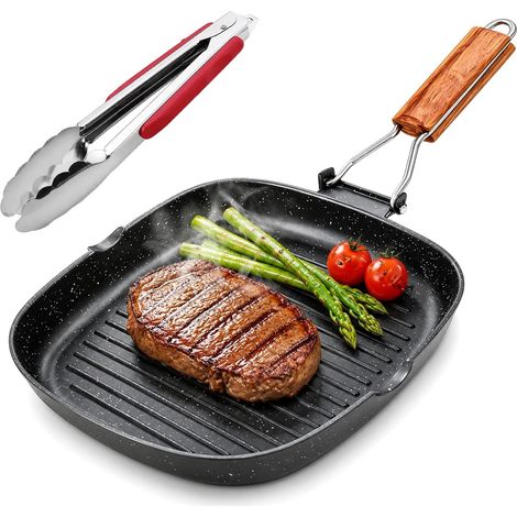 24 x 24 cm Cast Iron Grill Pan, Wavy Induction Non-Stick Grill Pan with Folding Wooden Handle, Square Carbon Steel Steak Pan for BBQ and Kitchen (1/5)