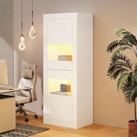 Vitrine aus weißer Spanplatte mit 2 Acryltüren, USB-LED, 2 verstellbaren Glasböden, 61 x 42 x 162 cm