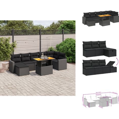 Salon de jardin 8 pcs avec coussins noir résine tressée - Ensemble Salon De Jardin - Mobilier Extérieur - Résine Tressée - Rotin Synthétique - Table Extensible (1/4)