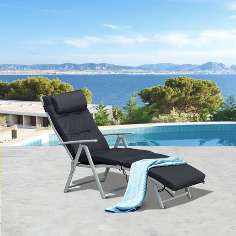 Outsunny Sonnenliege klappbar Strandliege mit Kopfkissen Sitzkissen Liegestuhl mit 7-Fach verstellbare Rückenlehne Gartenliege Relaxliege bis 165 kg belastbar, für Garten Urlaub Outdoor, Schwarz