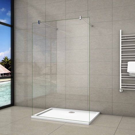 Parete Per Doccia Walk In Vetro 8mm Temperato Trasparente Anticalcare 100x200 cm con Doppia Barra Stabilizzatrice 90 cm Tagliabile
