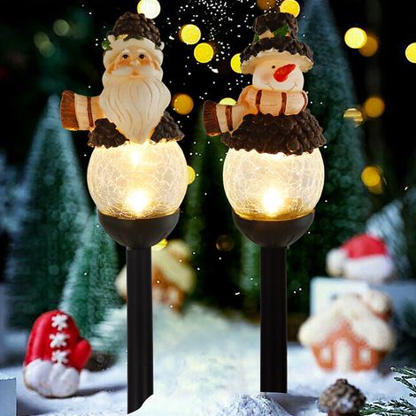 Lampe Solaire De Noël - Père Noël Et Bonhomme De Neige En Résine - Décoration Extérieure Jardin Terrasse - Lot De 2 (1/5)