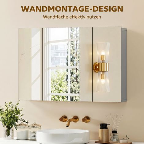 Armoire de toilette murale avec miroir, 3 portes, étagères réglables, gris. (1/5)