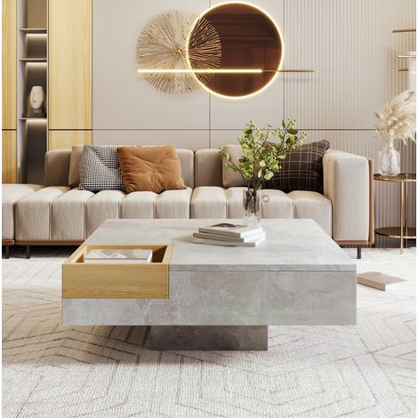 Mesa de centro 72x72x30 cm gris hormigón con almacenaje, salón moderno FloraGrace (1/5)