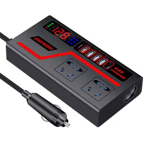 Convertisseur de tension voiture 12V/24V vers 220V, 300 W, 8 ports dont 4 USB, onduleur noir et rose pour voyage (1/5)