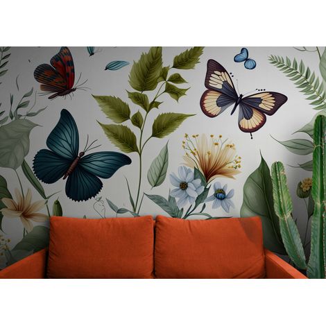 Papier Peint Floral - Ballet de Papillons et Fleurs - 150 x 250 cm (1/2)