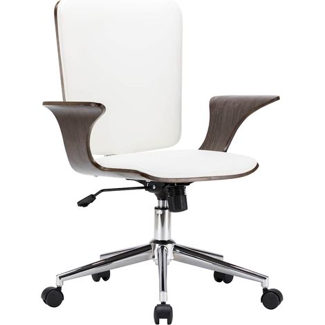 vidaXL Silla de oficina giratoria cuero sintético madera curva blanco (1/5)