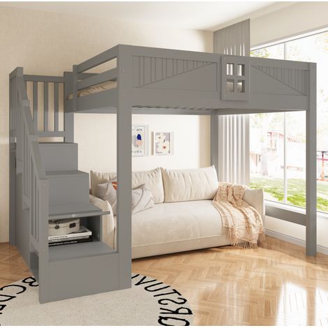 Letto a soppalco 140x200 cm grigio in legno massello con scala contenitore reversibile (1/5)