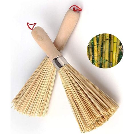Lot de 2 brosses à wok traditionnelles en bambou naturel, pour nettoyer la vaisselle, les casseroles et poêles en fonte (1/5)