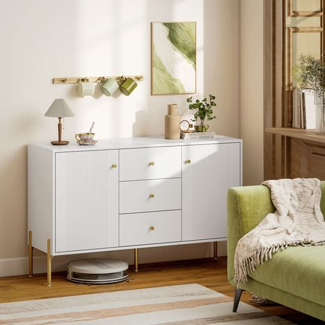 Buffet de cuisine, meuble de rangement avec 2 portes, 3 tiroirs à fermeture amortie, 2 étagères réglables, 5 pieds en acier, blanc (1/5)