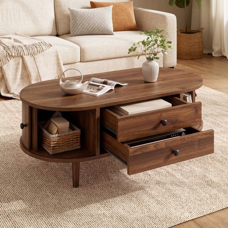 Tavolino ovale con piano sollevabile in MDF con ante scorrevoli scanalate e 2 cassetti, tavolino laterale per divano, 100x50x40 cm, noce (1/5)